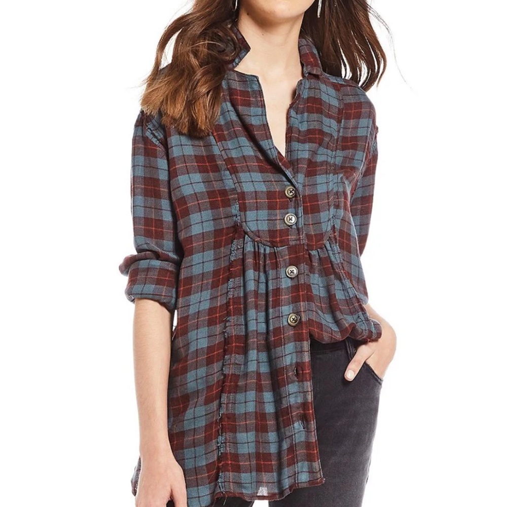 Free People All About The Feels Plaid Button Down Top
